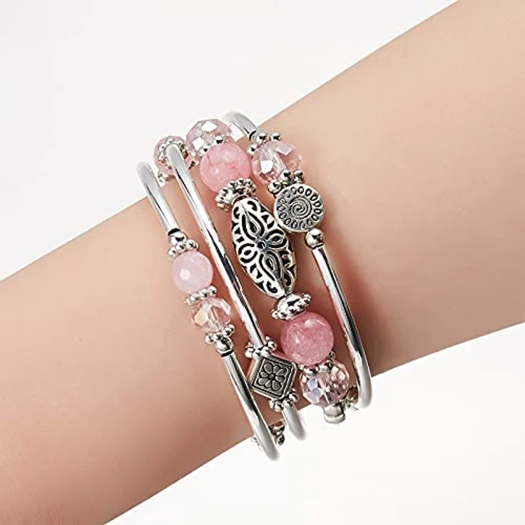 FULU AUTUMN Damen Boho Armband, Mehrschichtiges Perlen Wickelarmband aus Legierung mit Kristallglas und Versilberung, Geschenkbox, Pink – Bild 4