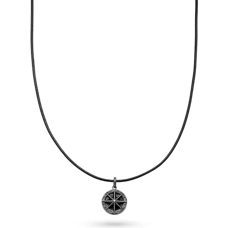 s.Oliver Herren Necklace, Echtleder Halskette mit Kompass-Anhänger, IP Gun, Lederband verstellbar bis 55 cm, wasserfest & hautfreundlich – Bild 1