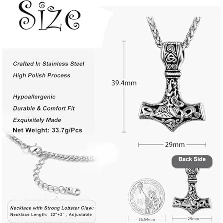 Manqyi Thor Hammer Anhänger, Wikinger Kette für Herren, Keltischer Knoten, 60cm Edelstahlkette, hochwertig und robust – Bild 2