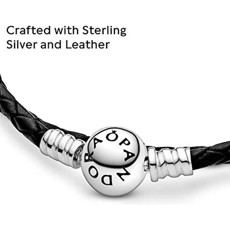 PANDORA Moments Doppeltes Schwarz Lederarmband mit geprägtem Kugelverschluss aus Sterling-Silber, Größe: 38cm, vielseitig kombinierbar – Bild 4
