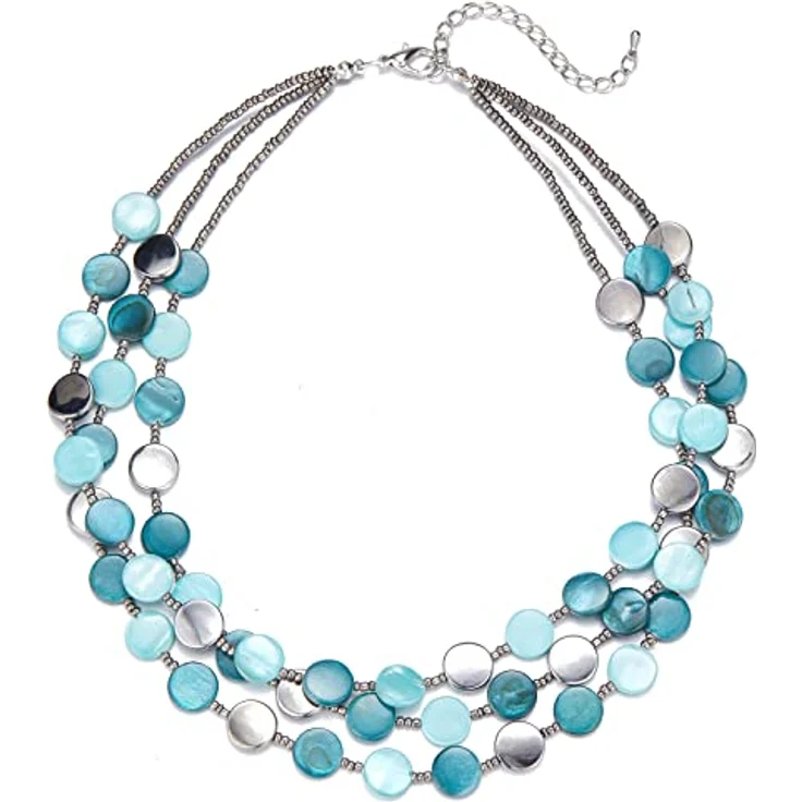 FULU AUTUMN Damen Statement Kette Mehrreihig mit Muschel- und Silberperlen, Boho-Stil, 17 Zoll + 2,7 Zoll Verlängerung, 30-Sea green – Bild 1