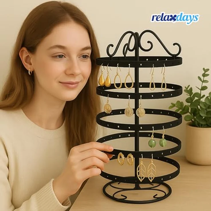 Relaxdays Ohrringhalter, drehbar mit 168 Steckplätzen, aus Eisen, Schwarz, HxD: 30 x 16,5 cm, für Ohrstecker und lange Ohrringe – Bild 3