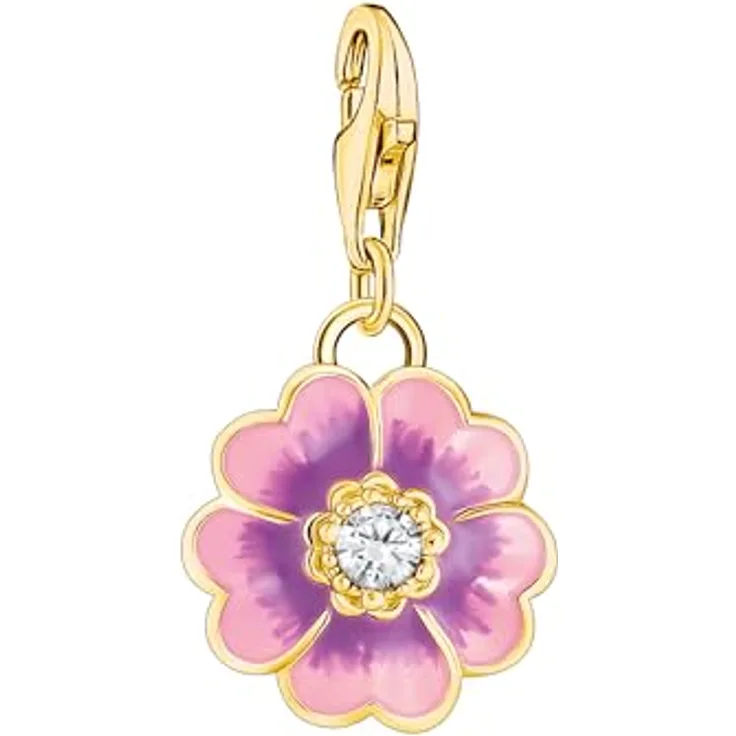 THOMAS SABO Charm-Anhänger Flower Violett, vergoldet aus recyceltem 925 Silber mit 18k Vergoldung und Kaltemail