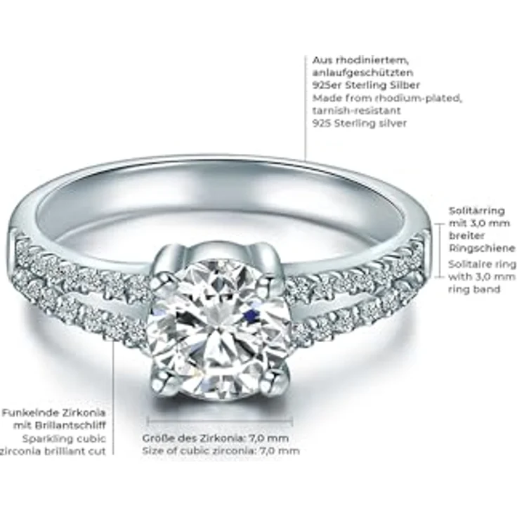 Trilani Damen-Ring Sterling Silber, Zirkonia weiß im Brillantschliff, 3 mm Ringschiene, glamouröser Antragsring und Trauring in Schmuckbox – Bild 2