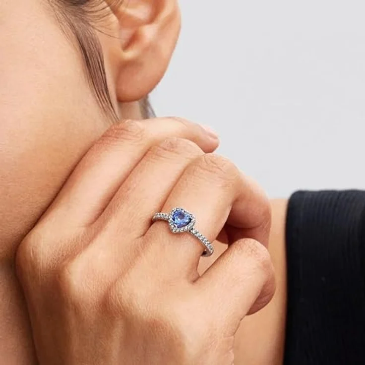 Pandora Silberring Timeless, 925 Sterlingsilber mit herzförmigem blauen Kristall und Zirkonia, 8 mm breit – Bild 2