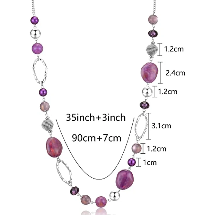 Bulinlin Silber Perlen Lange Kette für Damen, Boho Statement Halskette, 35+3 Zoll, edler Modeschmuck – Bild 5