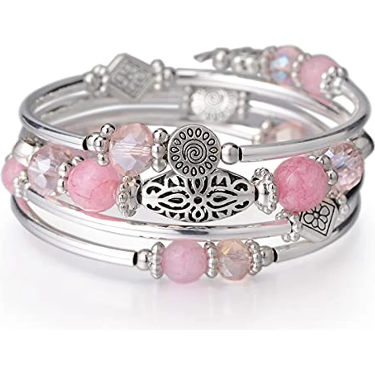 FULU AUTUMN Damen Boho Armband, Mehrschichtiges Perlen Wickelarmband aus Legierung mit Kristallglas und Versilberung, Geschenkbox, Pink – Bild 1