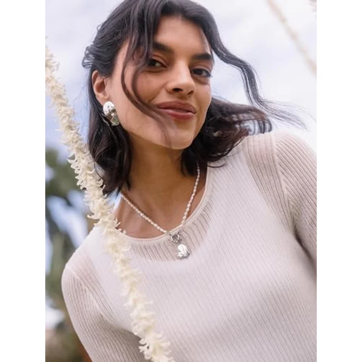 Purelei Pearl Charm Halskette, elegante Kette mit Süßwasserperlen und Charm-Öse, Edelstahl 18K vergoldet (Silber) – Bild 3