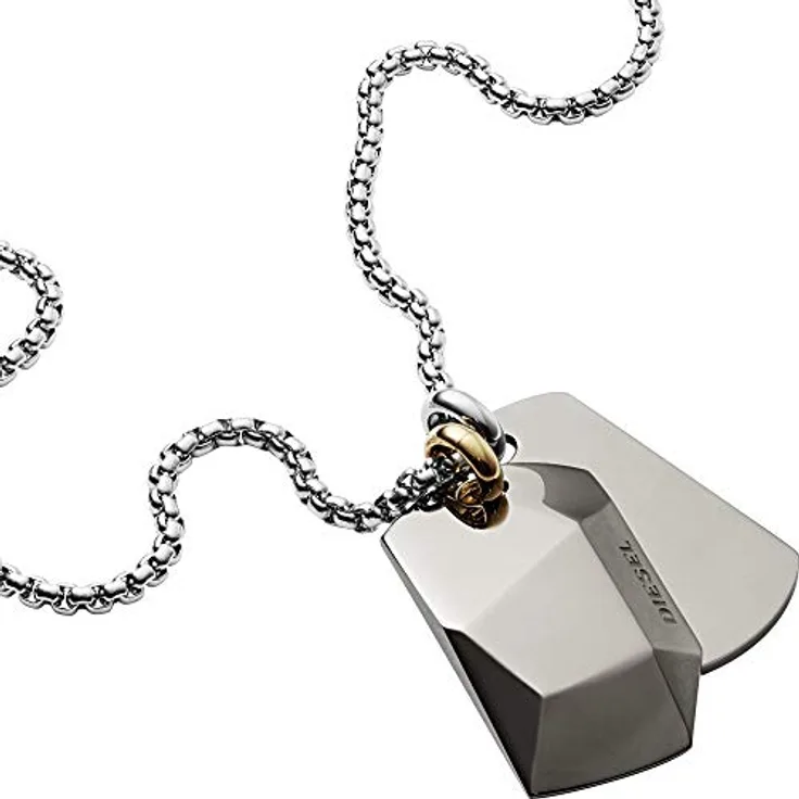 Diesel Halsband DX1143040, Silber Edelstahl mit Doppelte Hundemarken, 60 cm + 5 cm, Karabinerverschluss