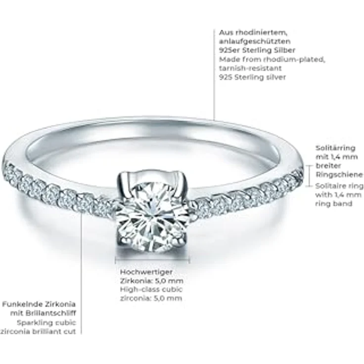 Trilani Damen-Ring Sterling Silber, Zirkonia weiß im Brillantschliff, Verlobungsring mit Schmuckbox – Bild 2