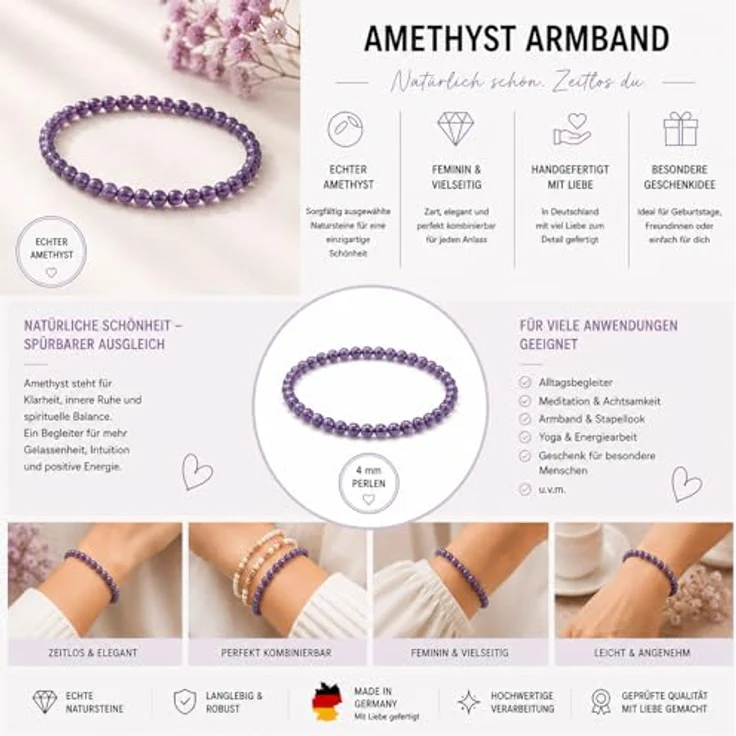 Unique Gems Amethyst Armband, 4mm Naturstein Perlenarmband für Damen, elastisch, handgefertigt in Deutschland, Geschenkverpackung mit Samtbeutel – Bild 3