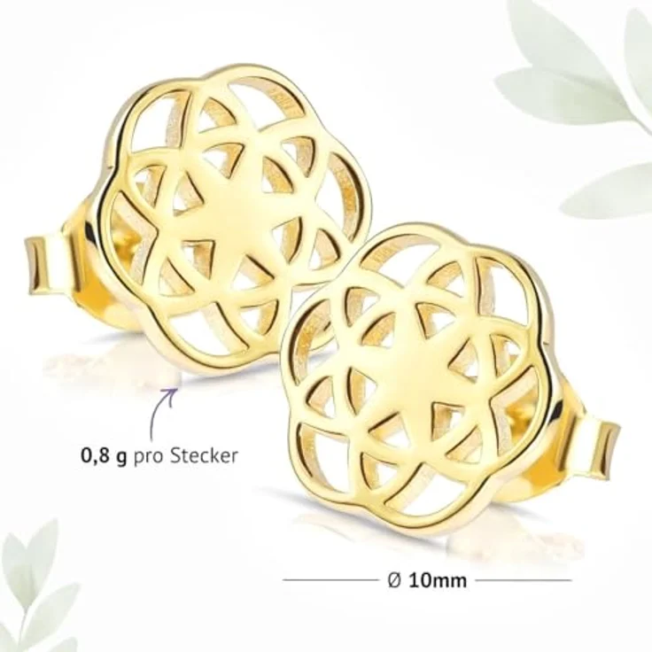 Materia Blumen Ohrringe Gold Stecker, Lebensblume vergoldet aus 925 Sterling Silber, flach und leicht, HOCHWERTIGE Geschenkidee für Damen – Bild 4