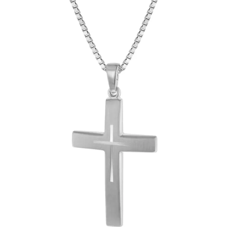 trendor Silber Kreuz mit Kette für Herren, 925er Sterling Silber, seidenmatt, diamantiert, 50 cm Länge