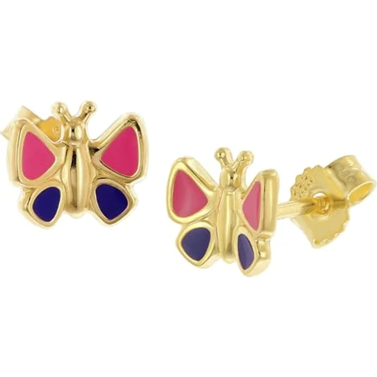 trendor 68436 Kinder-Ohrringe Gold 333/8K Ohrstecker mit Schmetterling, pink-lila lackiert, Größe 6,5 x 7 mm, inkl. Mikrofaser-Pflegetuch