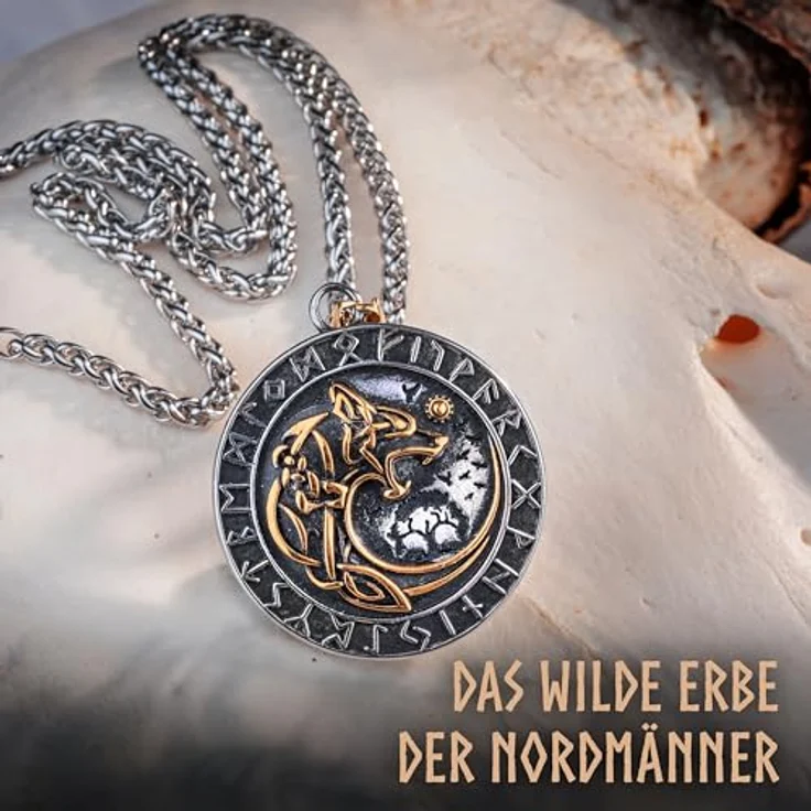 VIKING CRAFT Fenrir + Vegvisir Halskette aus Edelstahl, zweiseitig, 60cm, Wikinger Schmuck mit Wolf Amulett und Kompass, ideal als Geschenk für Männer, LARP Deko – Bild 4