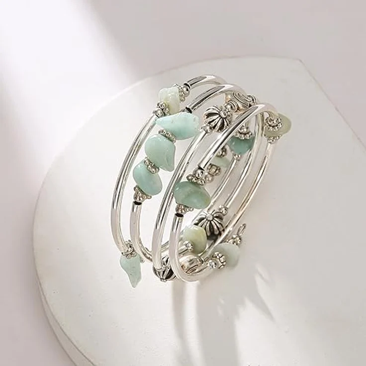 FULU AUTUMN Damen Boho Armband, mehrschichtiges Perlen Wickelarmband aus versilbertem Kupfer und Natursteinen, grün, ideal als Geschenk für Geburtstag und Muttertag – Bild 3