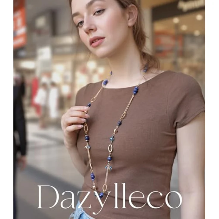 Dazylleco Lange Gold Perlenkette Damen Boho Halskette mit Natursteinen, 90cm, Dunkelblau – Bild 2