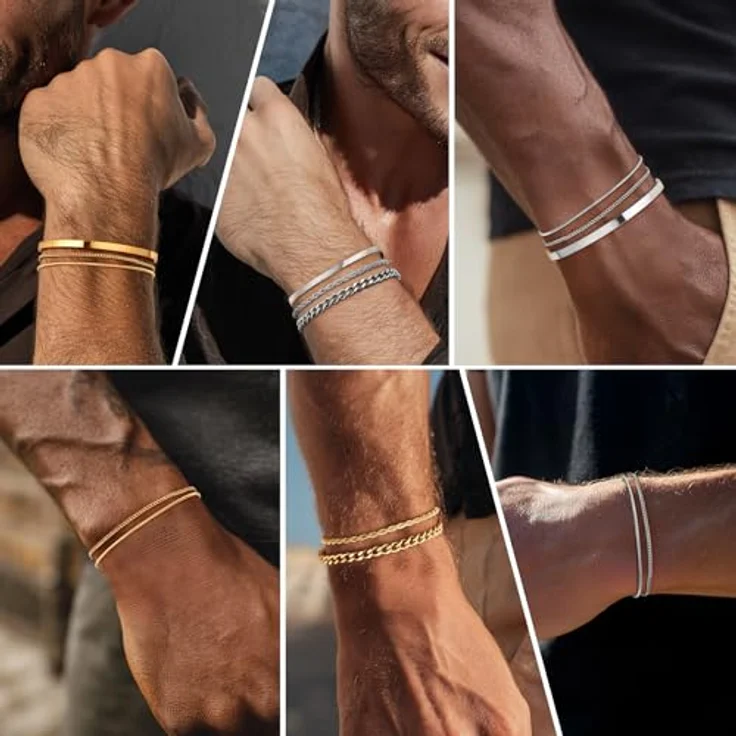 J.Fée Gold Armband Set für Herren, 2 Stück, 316L Edelstahl, hypoallergen, verstellbar, kubanischer Stil – Bild 5
