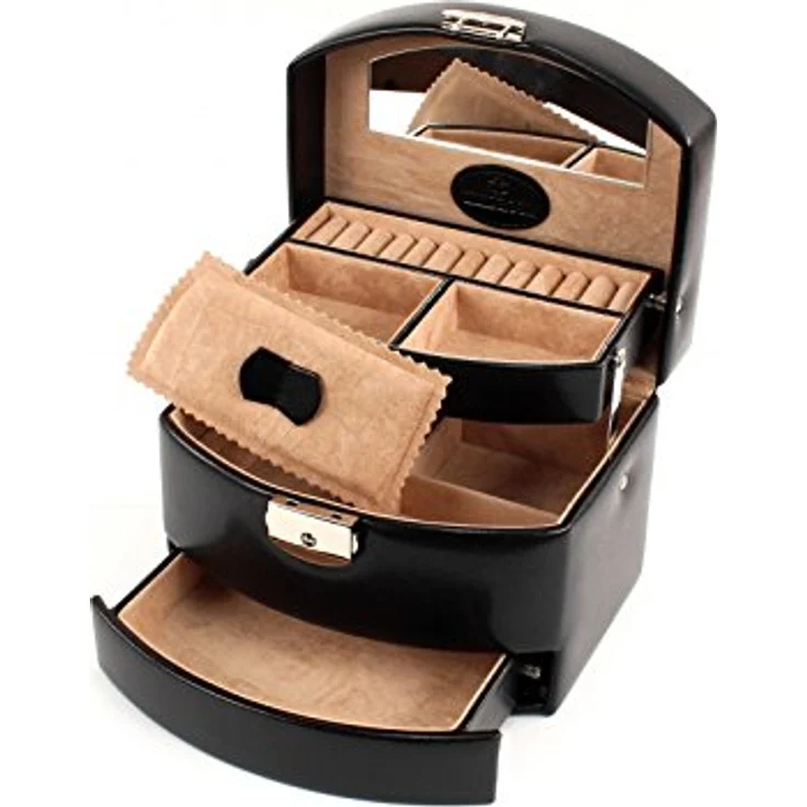 Windrose Automatik-Schmuckkoffer Merino, luxuriöse Lederoptik in schwarz, handgefertigt, klassische Eleganz mit sicherer Aufbewahrung – Bild 2