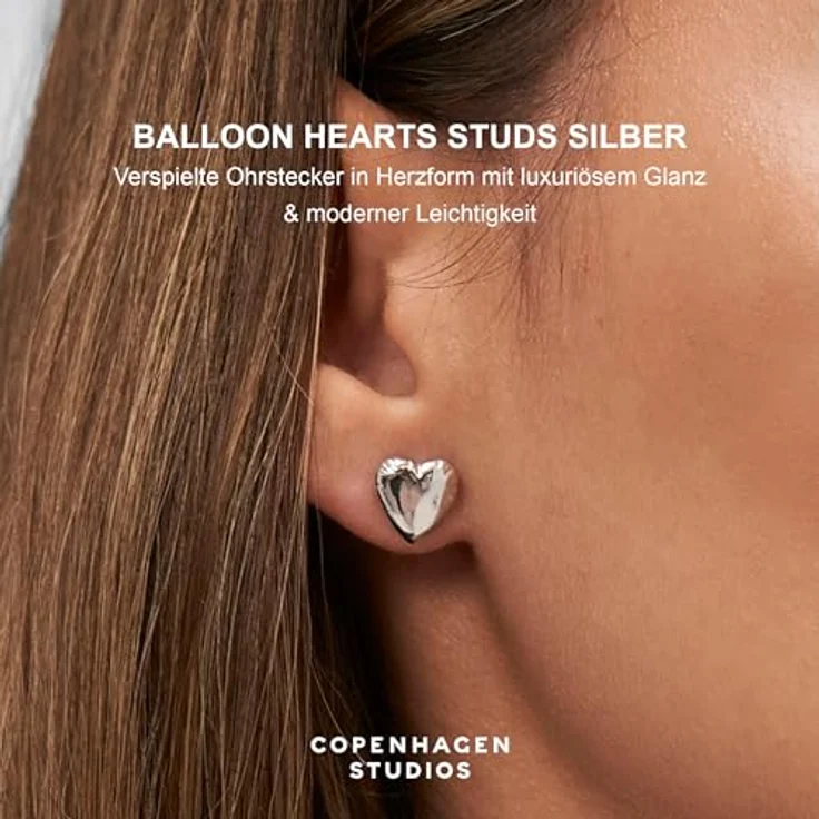 COPENHAGEN STUDIOS Balloon Hearts Ohrringe, silberne romantische Ohrstecker aus poliertem Edelstahl, wasserfest & hautfreundlich – Bild 2