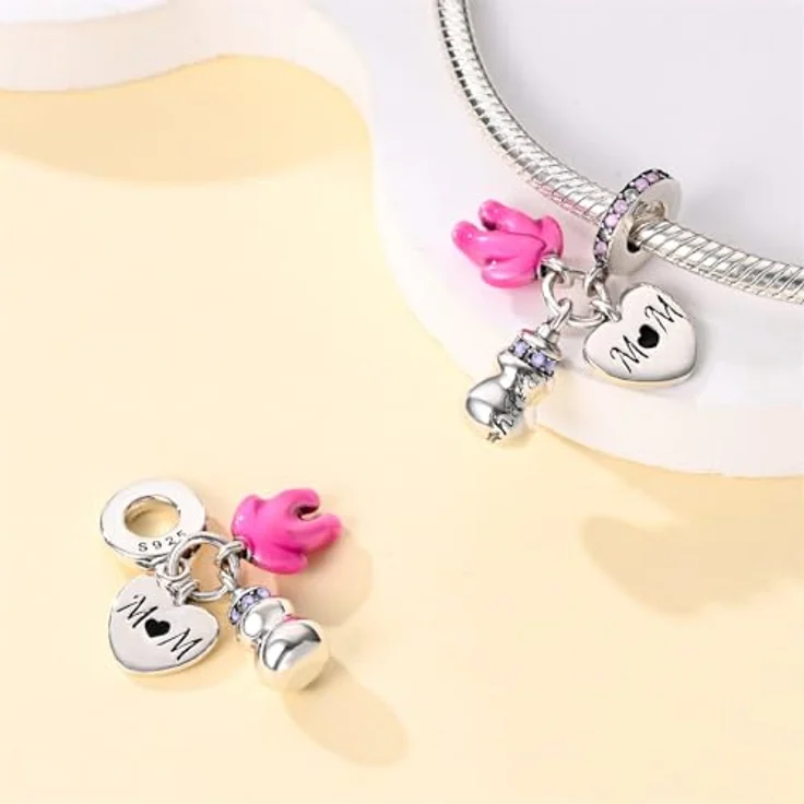 HappyStar 925 Sterling Silber Charms, I LOVE MOM Dangle Anhänger mit 5A-Zirkonen für Pandora Armbänder, inkl. kostenlose Abstandsperle und Geschenktasche – Bild 2