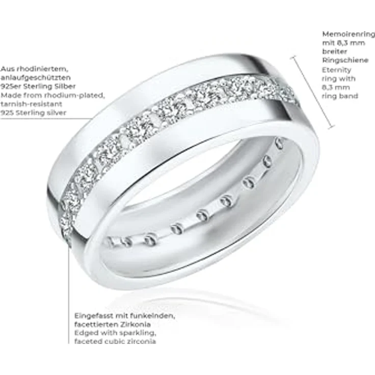 Rafaela Donata Memoire Damen-Ring 925 Sterling Silber mit weißen Zirkonia, 8,3 mm breit, glamouröses Schmuckstück in hochwertiger Geschenkbox – Bild 2