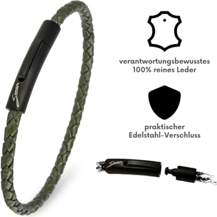 Simaru Lederarmband, 4mm geflochten aus Echtleder, unisex mit Edelstahl Hakenverschluss, 22cm - XL, wasserfest, oxyd – Bild 2