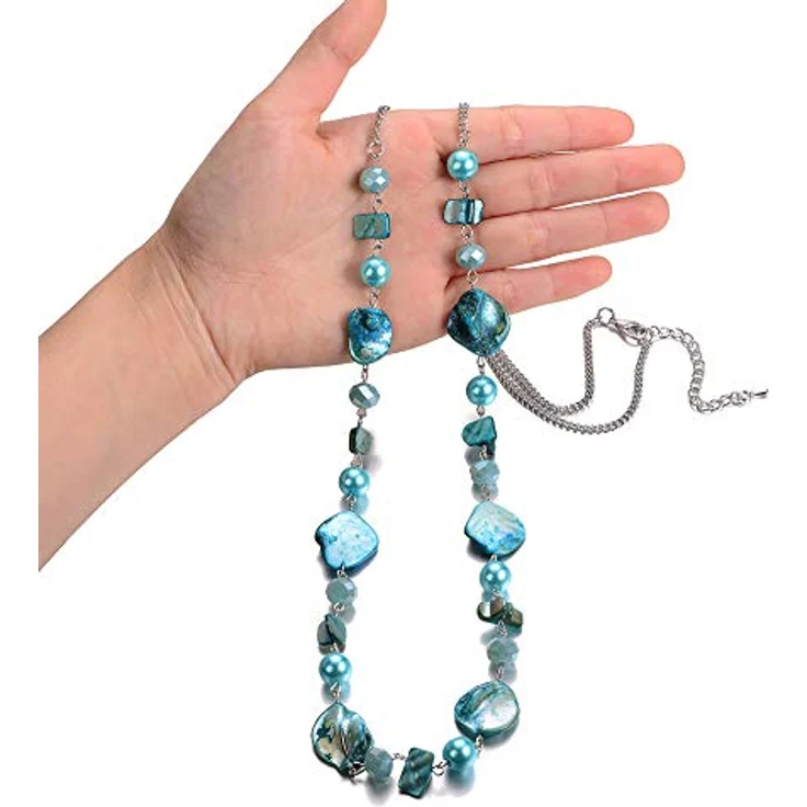 Bulinlin Damen Lange Perlenkette 35 Zoll Turquoise, Silber Metallkette, Boho Statement Modeschmuck für Hochzeitstag und Geschenke – Bild 2