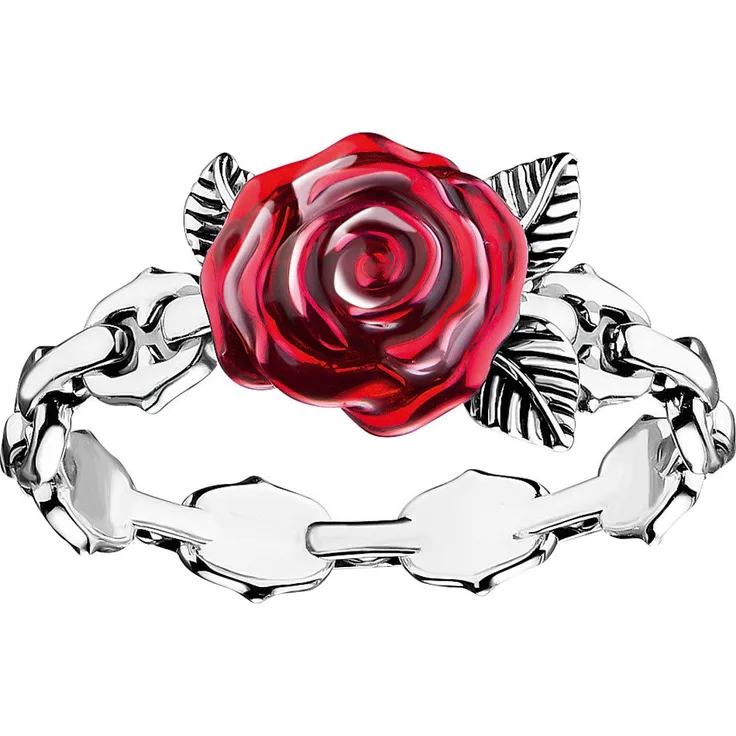 THOMAS SABO Roses Romance Fingerring, viktorianisch inspirierter Ring mit roter Blüte und stilisierten Dornen