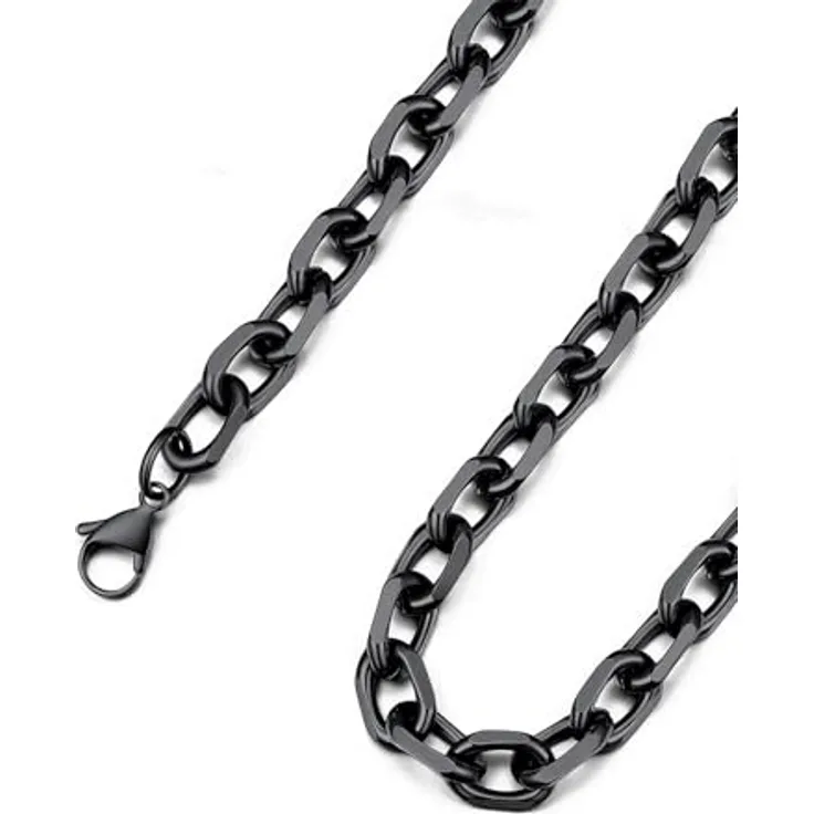 ChainsHouse Anker Kette Schwarz Edelstahl Rolo Kette 9mm Herren, 61cm Gliederkette mit Karabinerverschluss, robust und antiallergen