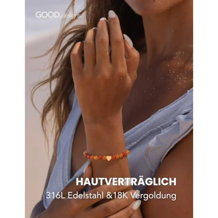 GD GOOD.designs Edelstein Karneol Armband mit 18K vergoldetem Edelstahl Herz, Wasserfest, 6 mm Naturstein Perlen, elastisch 15–19 cm, inkl. Schmuckbeutel – Bild 3