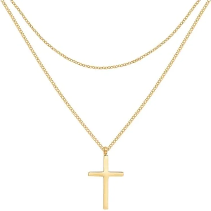 Happiness Boutique Damen Kreuz Kette, mehrreihige vergoldete Edelstahlkette mit Kreuzanhänger