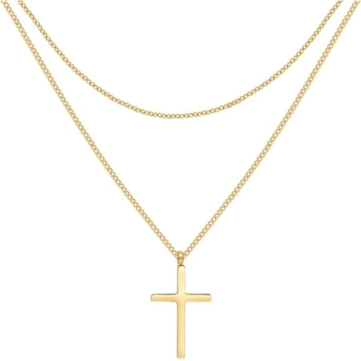 Happiness Boutique Damen Kreuz Kette, mehrreihige vergoldete Edelstahlkette mit Kreuzanhänger – Bild 1
