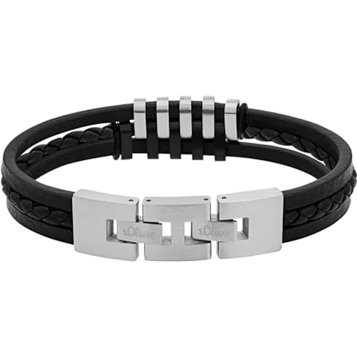 s.Oliver Herren-Armband, Leder/Edelstahl, Bicolor, IP Schwarz, längenverstellbar 20-22 cm – Bild 4