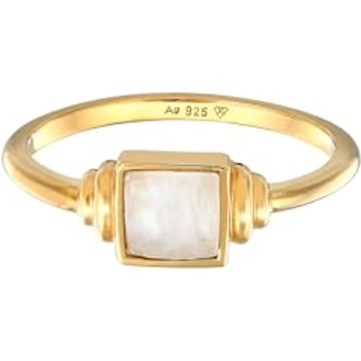 Elli Ring Damen Quadrat Vintage mit Mondstein, 925 Sterling Silber vergoldet, handgefertigt – Bild 2