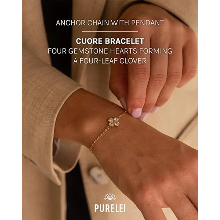 Purelei Cuore Armband – Ankerketten-Armband mit Kleeblatt-Anhänger aus Zirkonia-Herzen, 18K vergoldet, verstellbar auf 16/17,5/19 cm – Bild 2