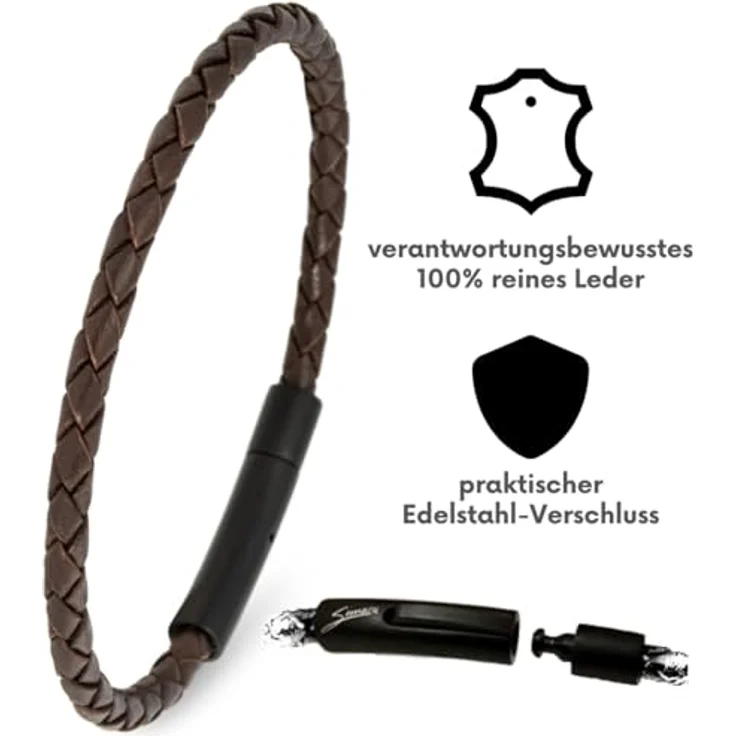 Simaru Lederarmband 4mm, geflochten aus Echtleder mit Edelstahl Hakenverschluss, wasserfest, 22cm Länge - XL, Braun – Bild 2