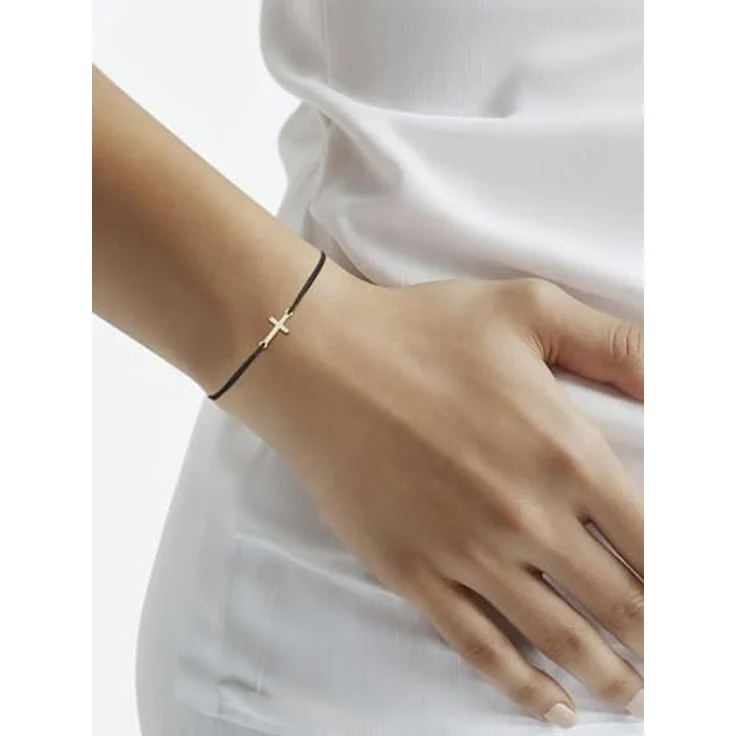 GLANZSTÜCKE MÜNCHEN Damen Textilarmband schwarz, 925/- Sterling Silber gelbvergoldet mit 14 Karat Zirkonia Kreuz-Anhänger, flexibel von 15 bis 22 cm Umfang – Bild 3