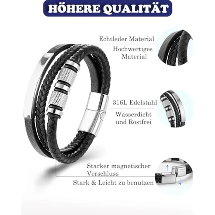 Fantocemea Herren-Lederarmband, geflochten mit Edelstahl-Magnetschließe, 19 cm (erweiterbar auf 20,5 cm), atmungsaktiv und schweißabsorbierend, Geschenkset für Geburtstag und Valentinstag – Bild 4