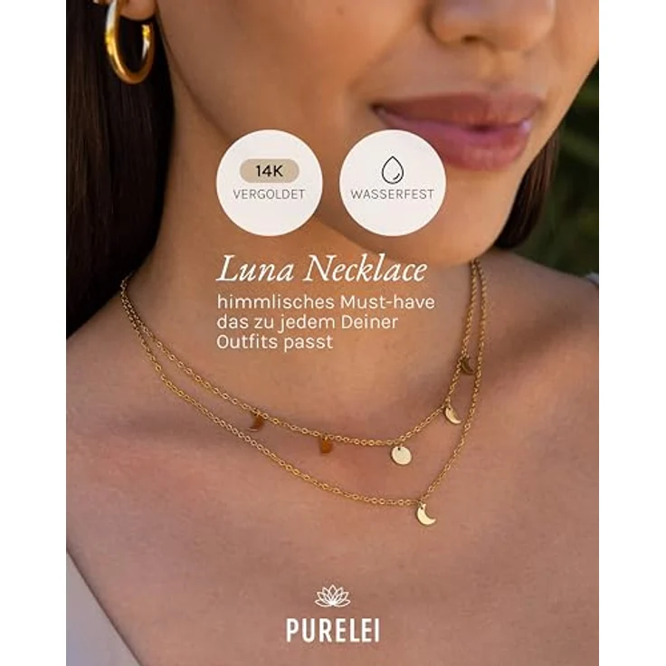 Purelei® Luna Kette Damen (Gold) – Wasserfeste Edelstahl-Halskette mit Anhänger, verstellbar von 40-45 cm – Eleganter Schmuck für individuellen Stil – Bild 2