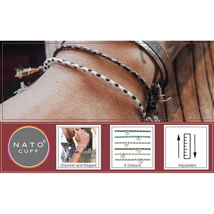 Nato Cuff Geflochtenes Baumwollarmband 2mm, Handgefertigt in Frankreich, Edelstahlmedaille 316L, Verstellbares Juwel für Herren und Damen, Beige – Bild 5