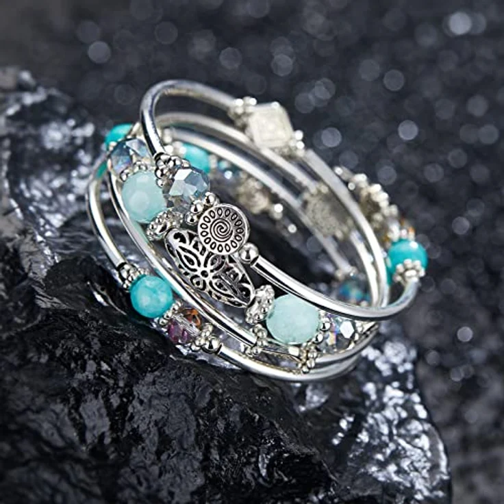 FULU AUTUMN Damen Boho Armband, Mehrschichtiges Perlen Wickelarmband aus Silber und Kristallglas, turquoise, Geschenkbox für Geburtstag und Muttertag – Bild 2