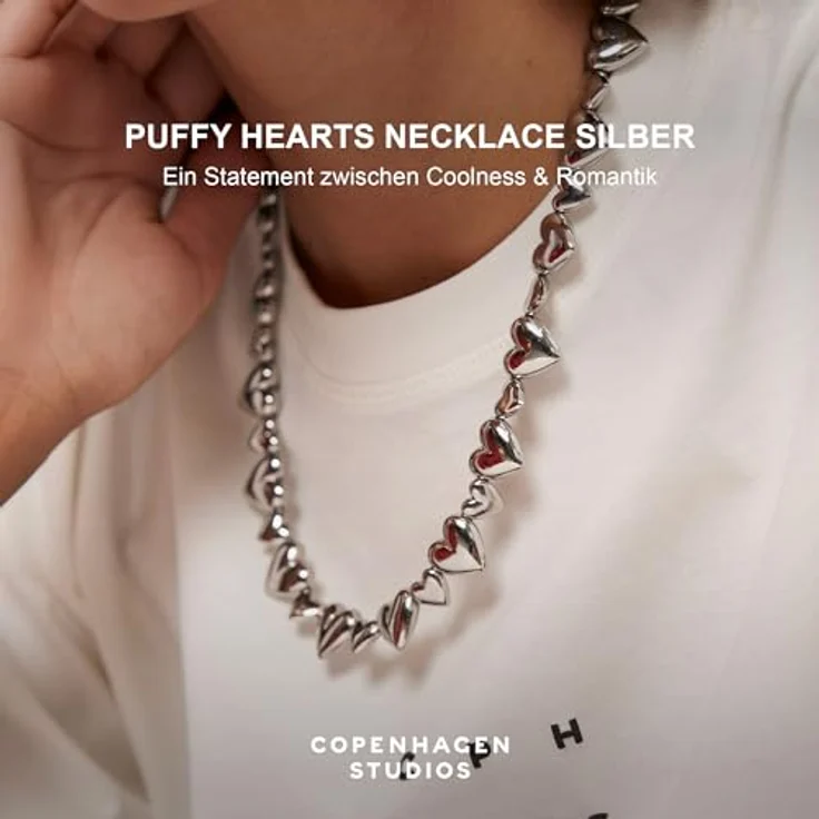 Copenhagen STUDIOS Halskette Puffy Hearts, silber - Statement-Kette aus poliertem Edelstahl, verstellbare Länge 40-48 cm, wasserfest & hautfreundlich – Bild 2