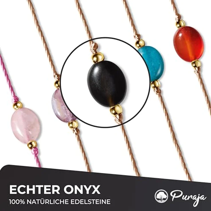 PURAJA Onyx Armband Damen, handgefertigt mit 18k echt vergoldeten Edelstahl Perlen, Glücksarmband für Mut und kraftvolle Energie, verstellbar bis 23cm – Bild 3