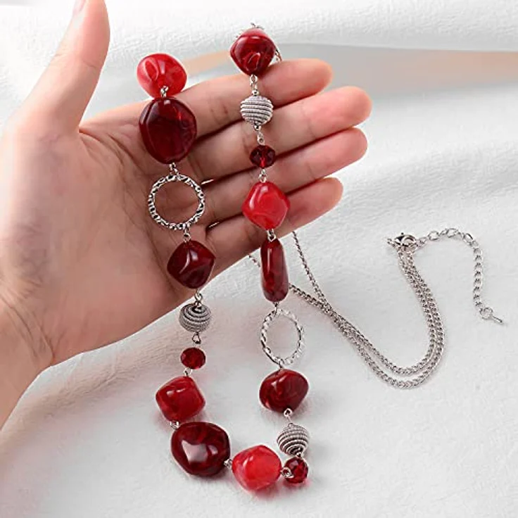 Bulinlin Silber Perplen Lange Halskette für Damen, Boho Statement Chain, 35+3 Zoll, Dunkel Hellrot, Modeschmuck Geburtstagsgeschenke – Bild 3
