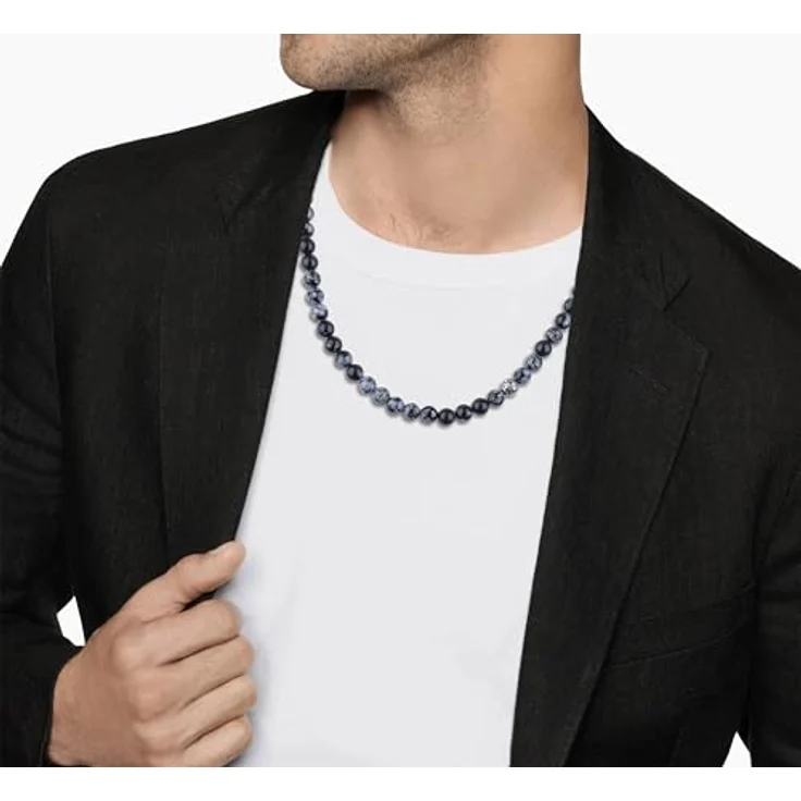 GAVU Herren Halskette, handgemachte 60 cm Schneeflocken Obsidian mit Edelstahl Fleur De Lis Perlen, heilender Kristall – Bild 3