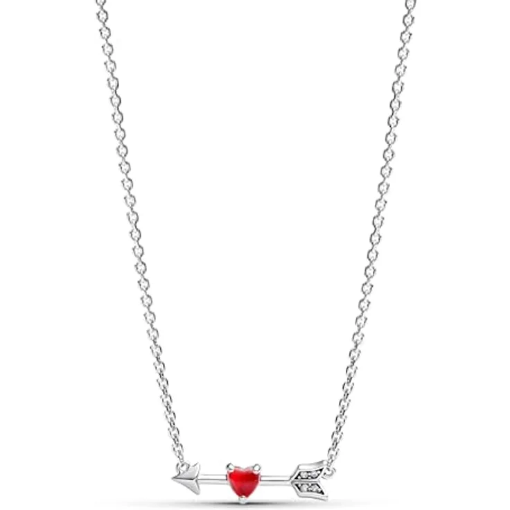PANDORA Moments Pfeil & Murano-Glas-Herz Halskette aus Sterling Silber mit Zirkonia, rot, 50 cm, 393669C01-50