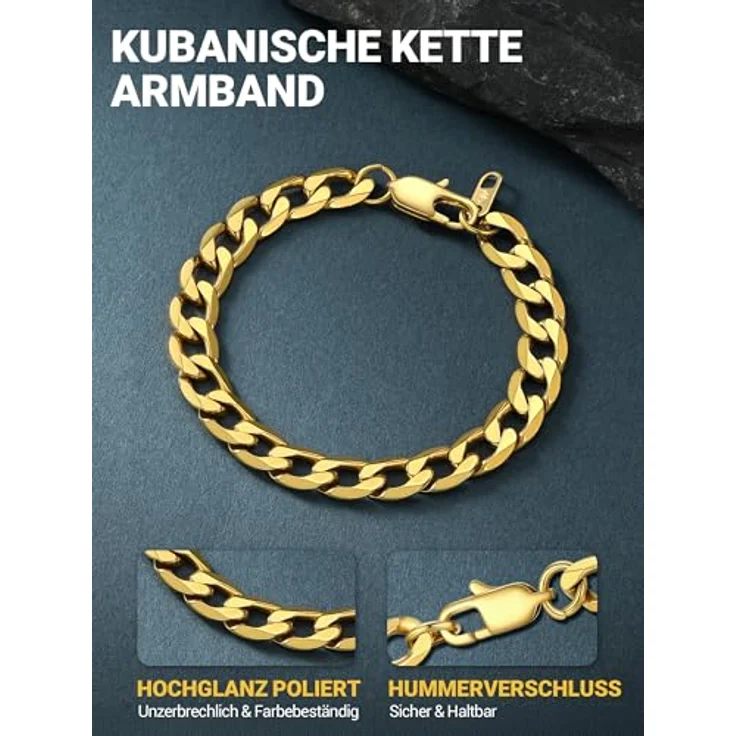 PROSTEEL Panzerarmband Herren, 19cm lang, 9mm breit, Edelstahl in Gold, wasserdicht und robust, klassisches Miami Design mit Karabinerverschluss – Bild 3