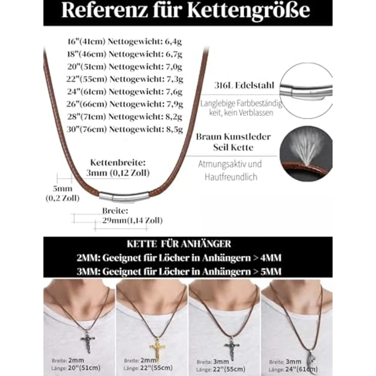 ChainsHouse Kunstleder Halskette 3mm, geflochtene Herren Lederkette in Braun mit Druckknopf-Verschluss, 71cm Länge – Bild 5