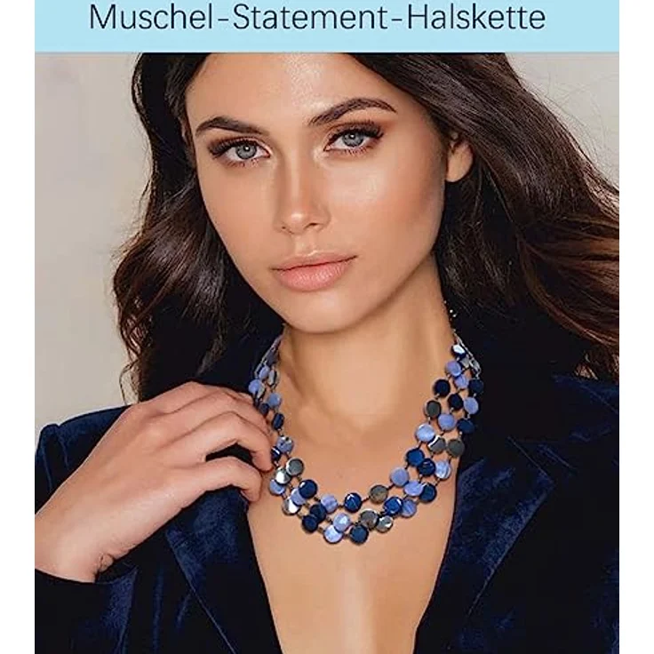 FULU AUTUMN Damen Statement Kette mit Muschel- und Silberperlen, mehrreihig, blau, 17 Zoll mit Verlängerung – Bild 3